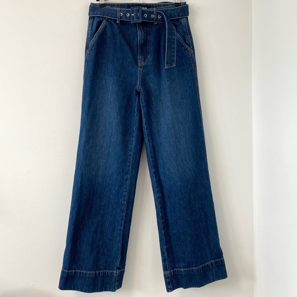 Veronica Beard Taylor Wide Leg High Rise Dark Denim Belted Long Trouser Jeans 27 - Picture 2 of 11